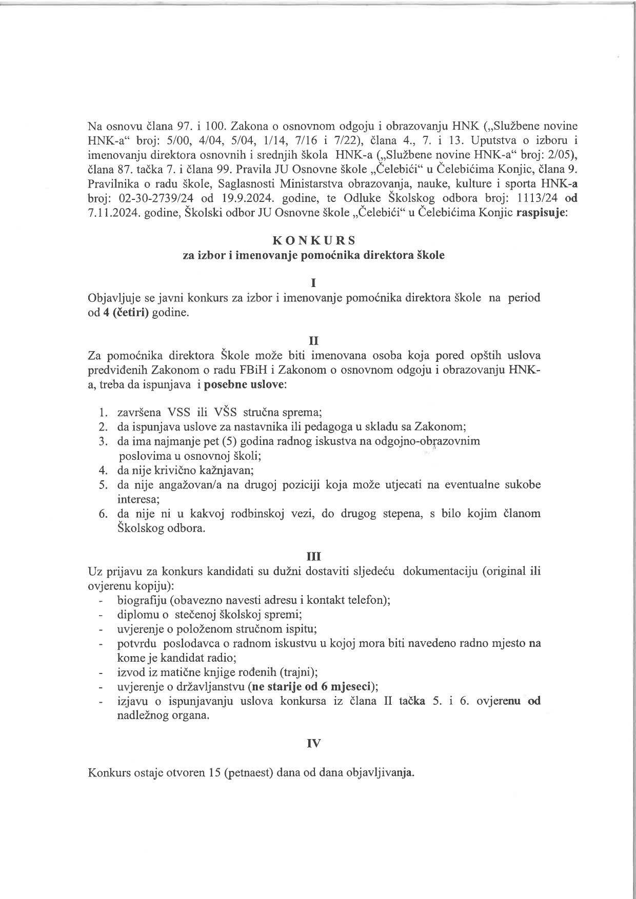 Konkurs za izbor i imenovanje pomoćnika direktora page 0001